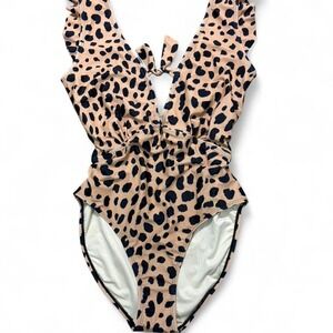 Leopard print one piece swimsuit ruffle high cut leg tie front low v neck back